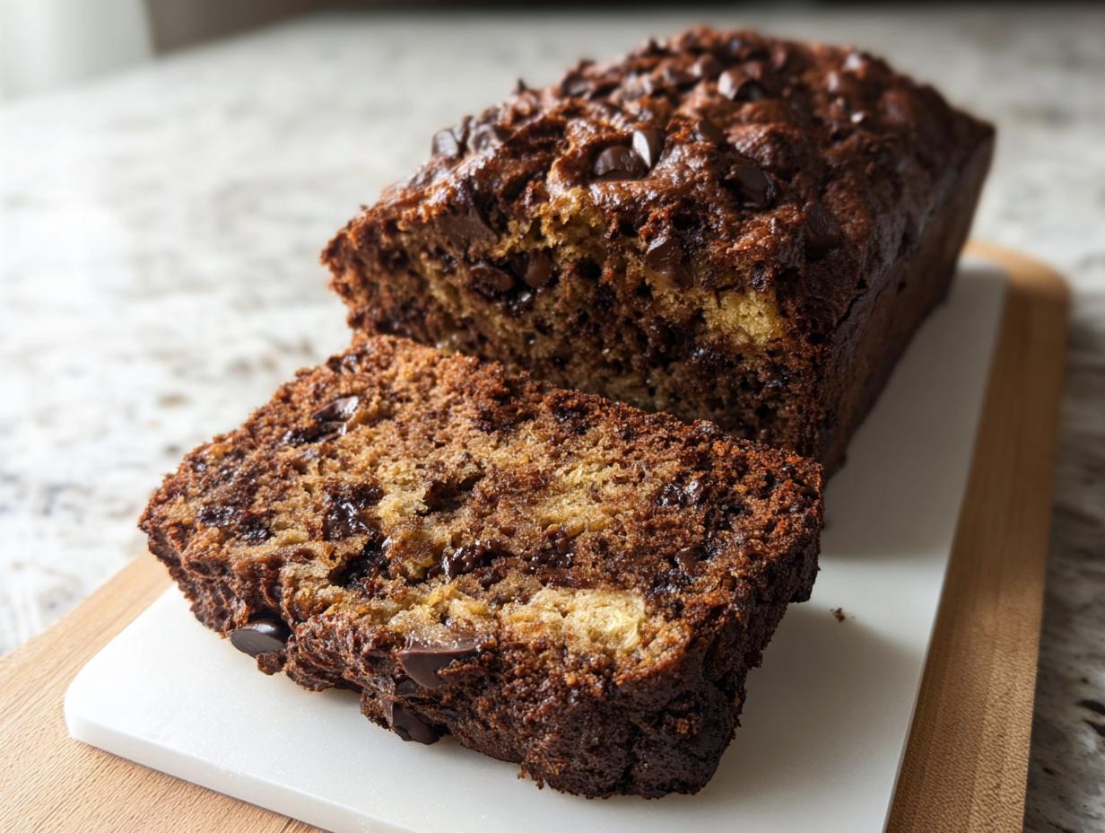 A slice of moist High Protein Chocolate Banana Bread with visible chocolate chips and banana swirls.