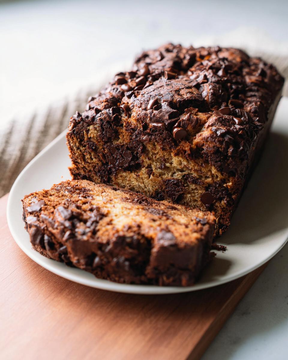 A loaf of High Protein Chocolate Banana Bread, sliced to reveal moist interior and abundant chocolate chips.