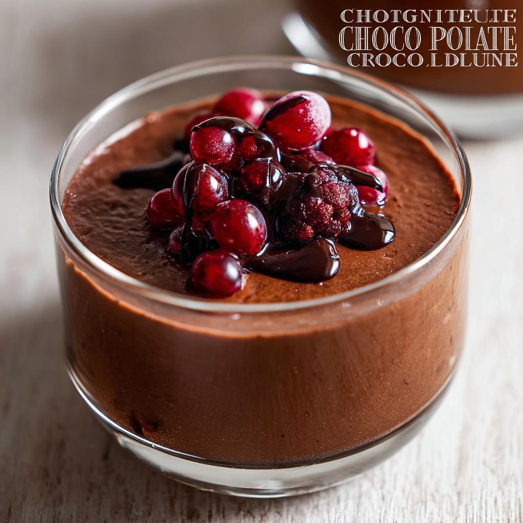 A close-up of a glass of High Protein Chocolate Pudding topped with fresh berries and chocolate drizzle.