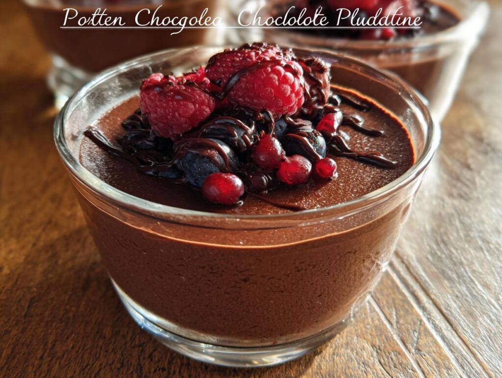 A close-up of a glass ramekin filled with rich High Protein Chocolate Pudding, topped with fresh raspberries, blueberries, and a drizzle of chocolate sauce.
