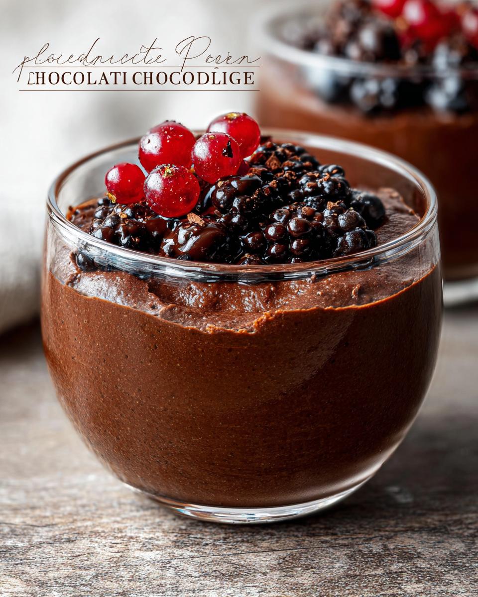 A close-up of a glass of rich High Protein Chocolate Pudding topped with fresh blackberries and red currants.
