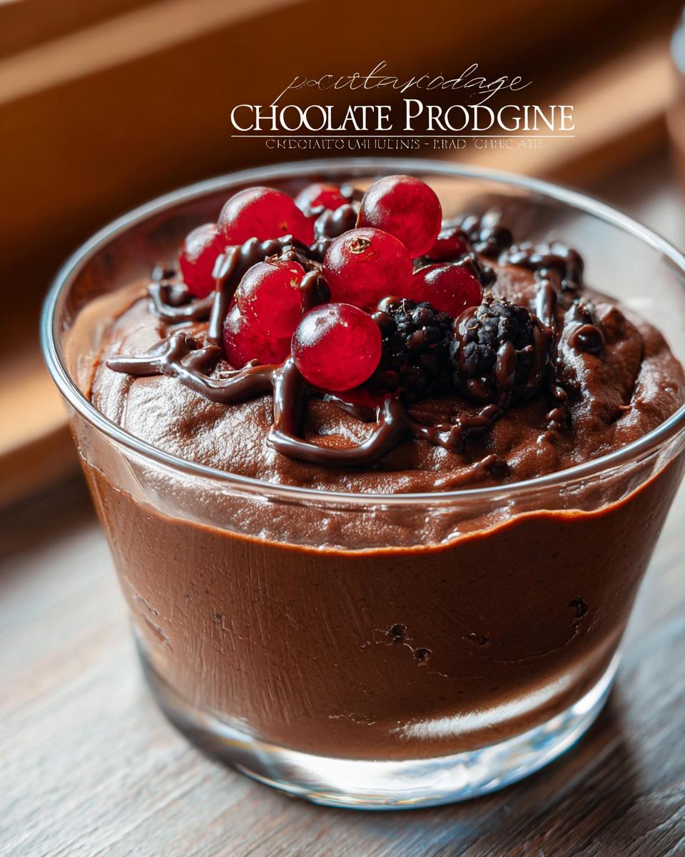 A close-up of a glass of High Protein Chocolate Pudding topped with fresh red currants, blackberries, and chocolate drizzle.