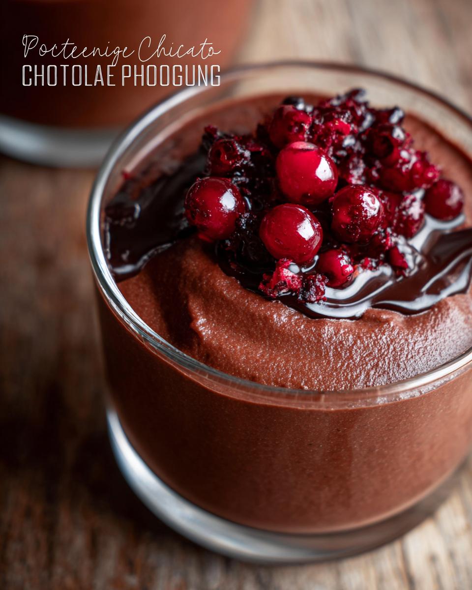 A close-up of a rich High Protein Chocolate Pudding topped with fresh berries and a drizzle of chocolate sauce.