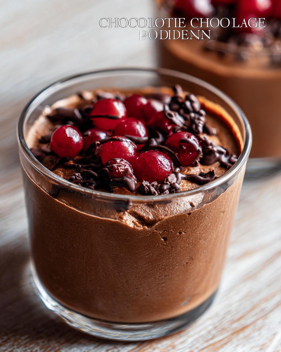 A decadent serving of High Protein Chocolate Pudding topped with fresh cherries and chocolate shavings in a glass.