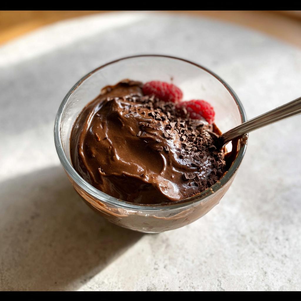 A close-up of a glass bowl filled with decadent High Protein Chocolate Pudding, topped with chocolate shavings and fresh raspberries.