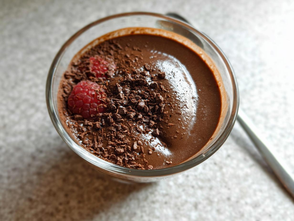 A decadent serving of High Protein Chocolate Pudding topped with chocolate shavings and fresh raspberries in a glass.
