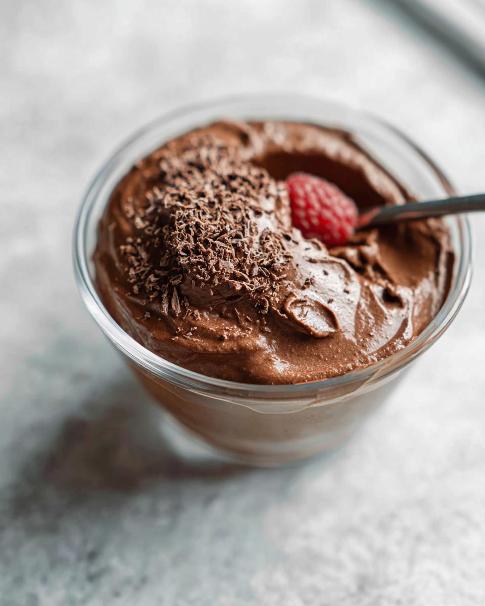 A close-up of a bowl of creamy High Protein Chocolate Pudding topped with chocolate shavings and a raspberry.
