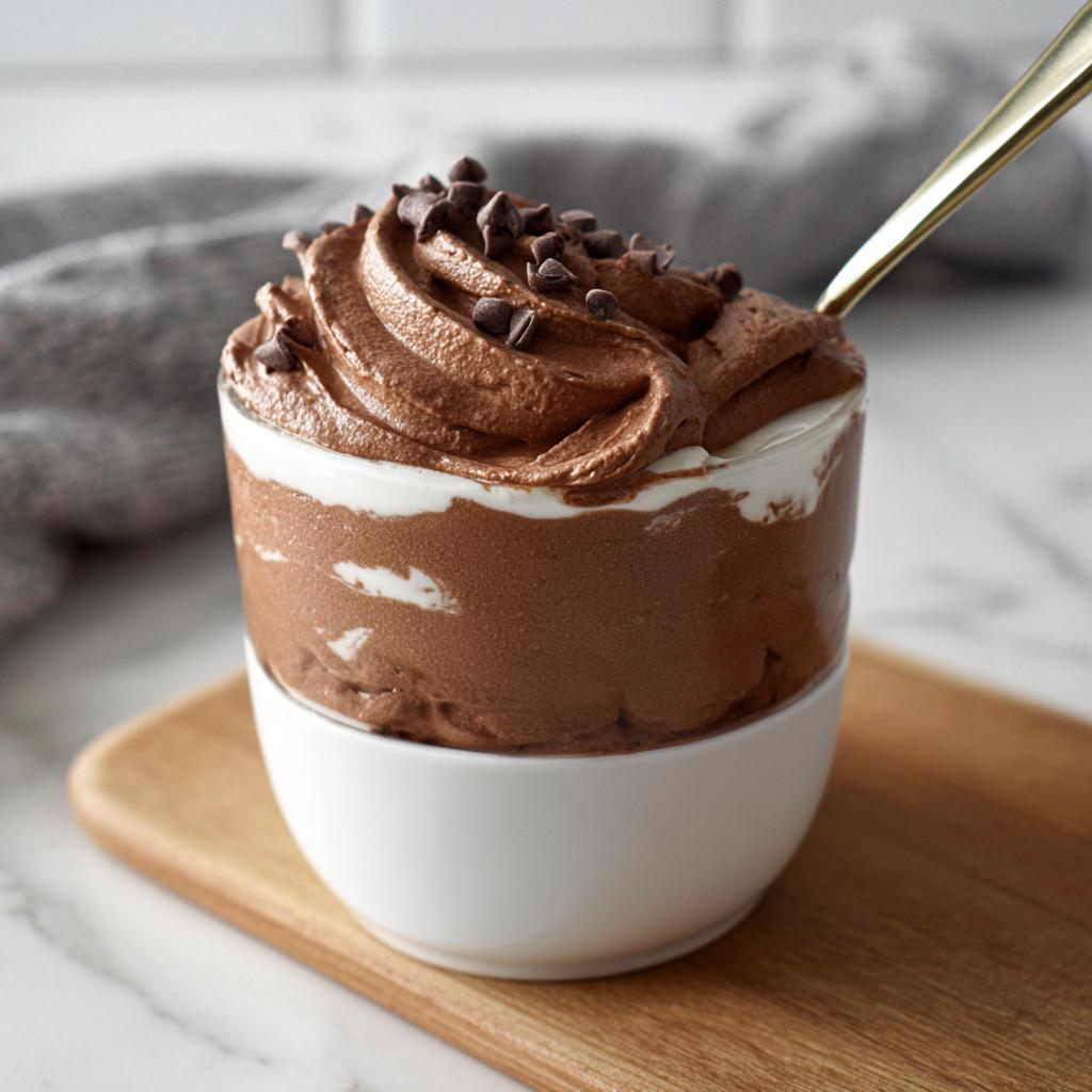 A decadent serving of High-Protein Cottage Cheese Peanut Butter Mousse topped with chocolate chips and a golden spoon.