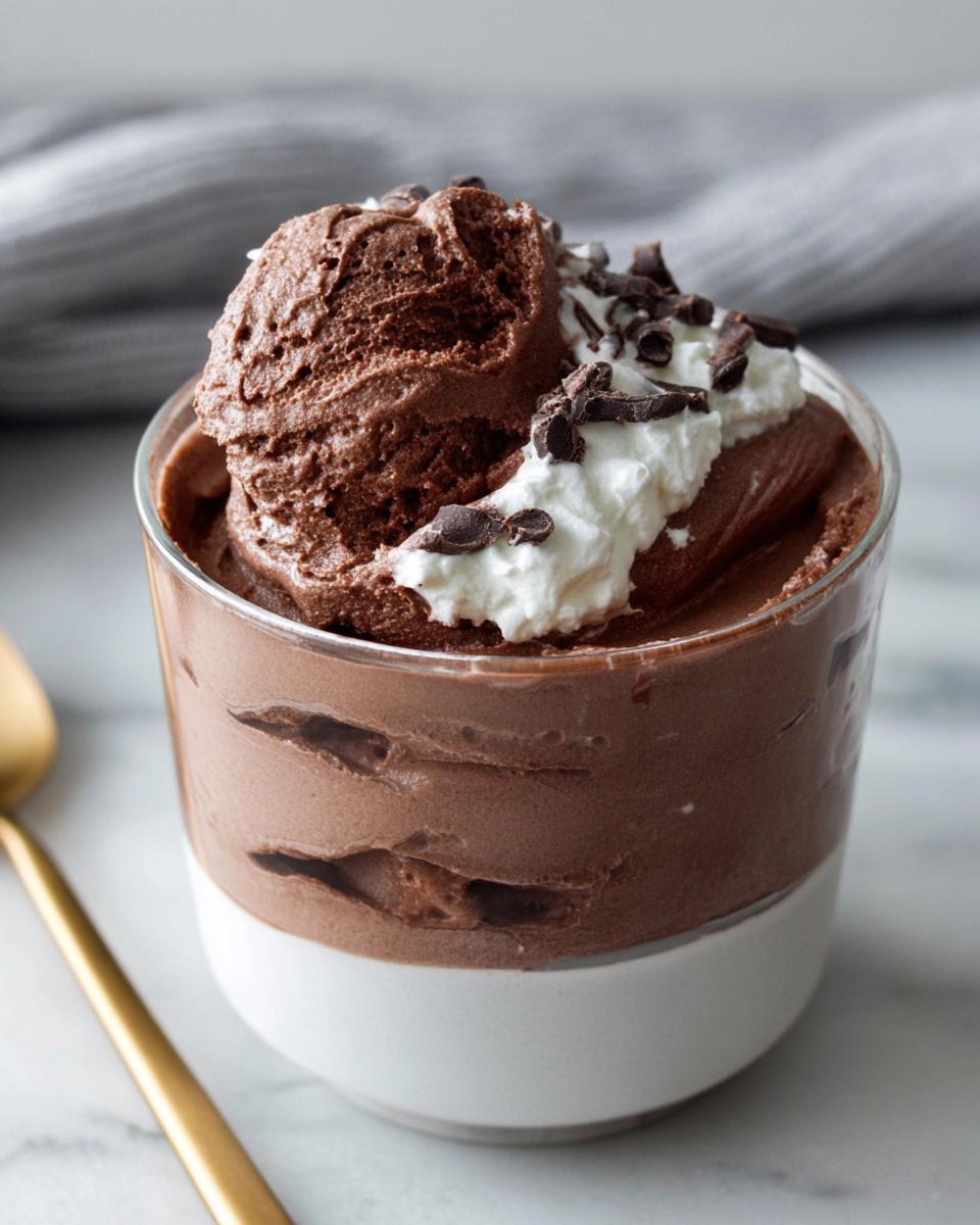 A decadent serving of High-Protein Cottage Cheese Peanut Butter Mousse topped with whipped cream and chocolate shavings.