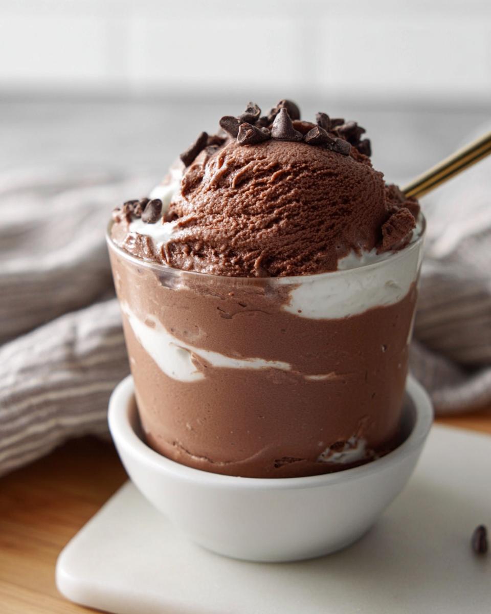 A scoop of chocolate mousse topped with chocolate chips in a glass, part of a High-Protein Cottage Cheese Peanut Butter Mousse recipe.
