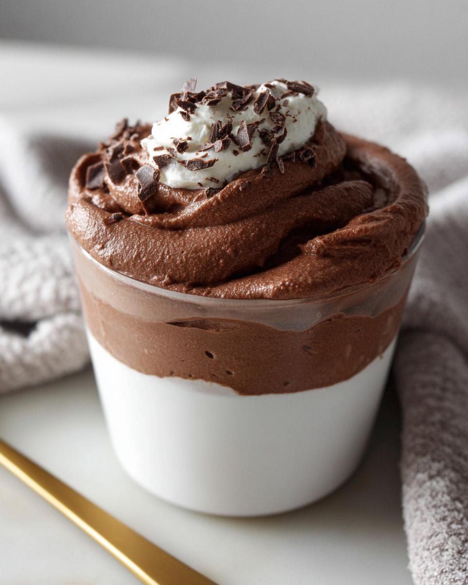 Close-up of a decadent High-Protein Cottage Cheese Peanut Butter Mousse topped with whipped cream and chocolate shavings.