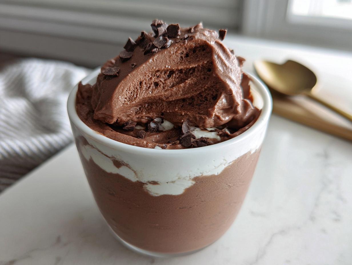 A decadent serving of High-Protein Cottage Cheese Peanut Butter Mousse topped with chocolate shavings.