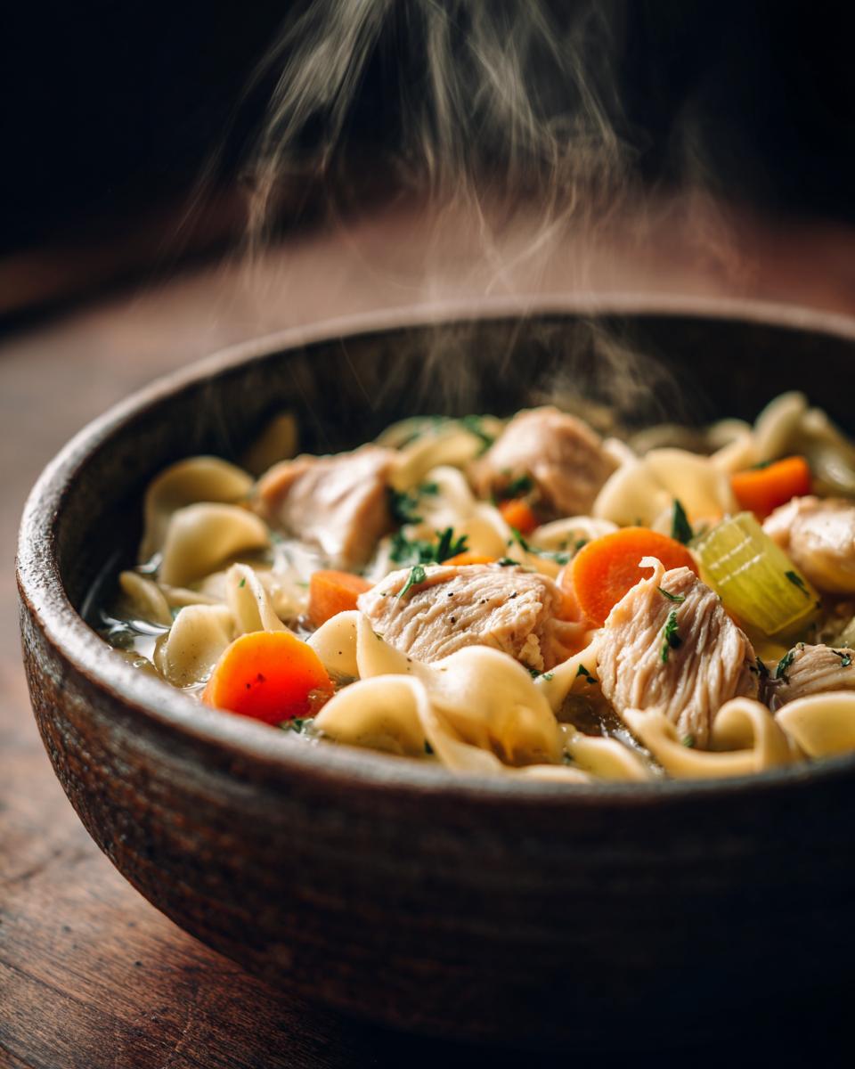 Steaming bowl of homemade chicken noodle soup with tender chicken, noodles, carrots, and celery.