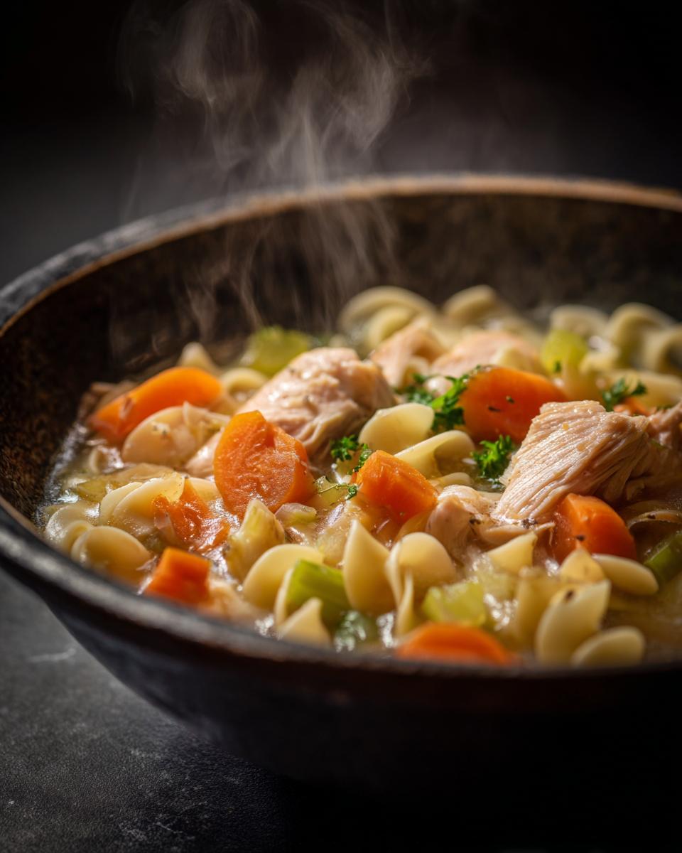 A steaming bowl of homemade chicken noodle soup with pasta, carrots, celery, and chicken pieces.