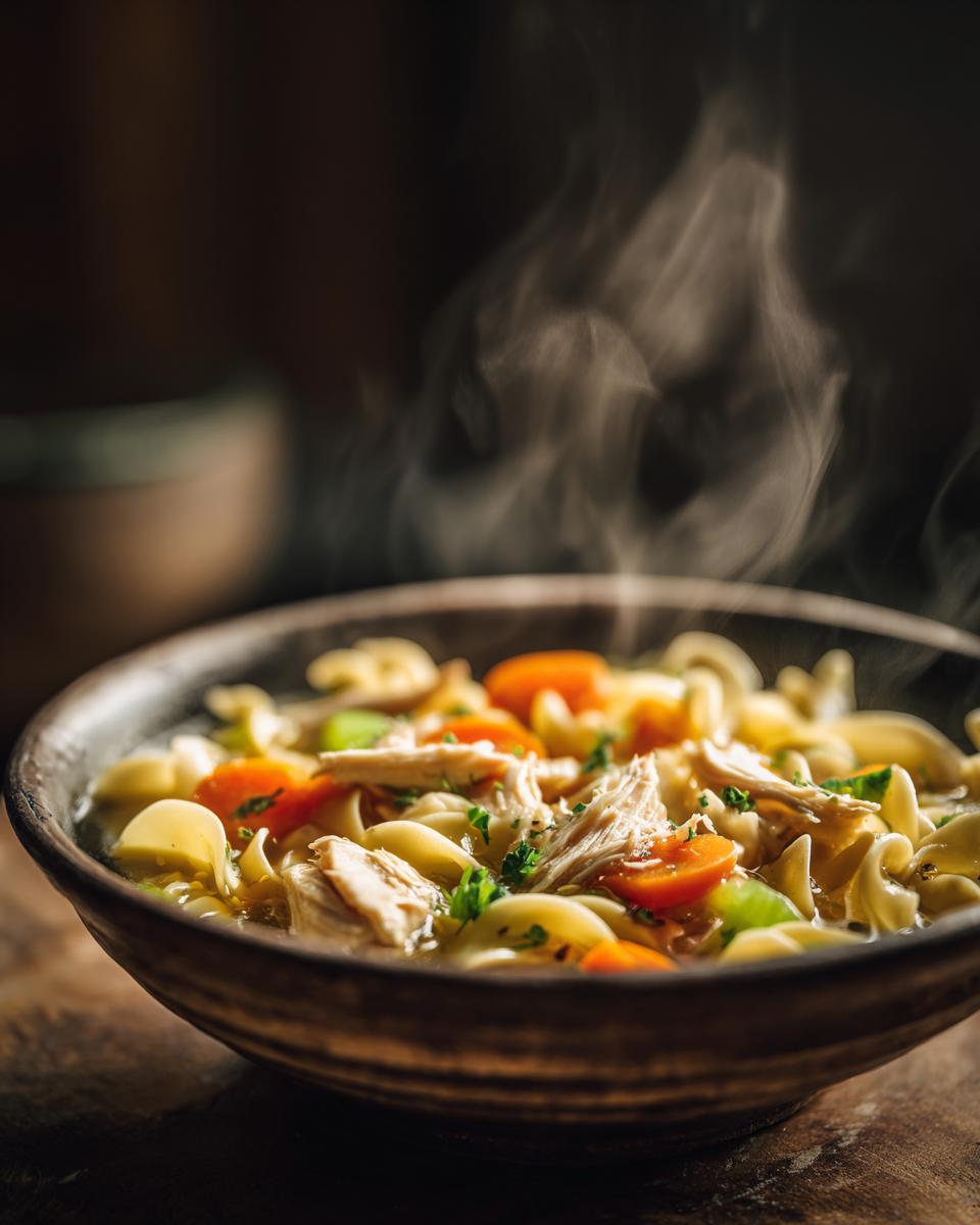 Close-up of a steaming bowl of homemade chicken noodle soup with pasta, chicken, carrots, and celery.