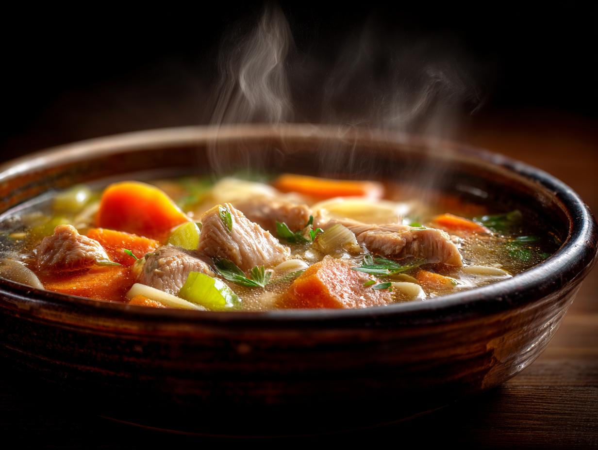 A steaming bowl of homemade chicken noodle soup with tender chicken, carrots, celery, and noodles.