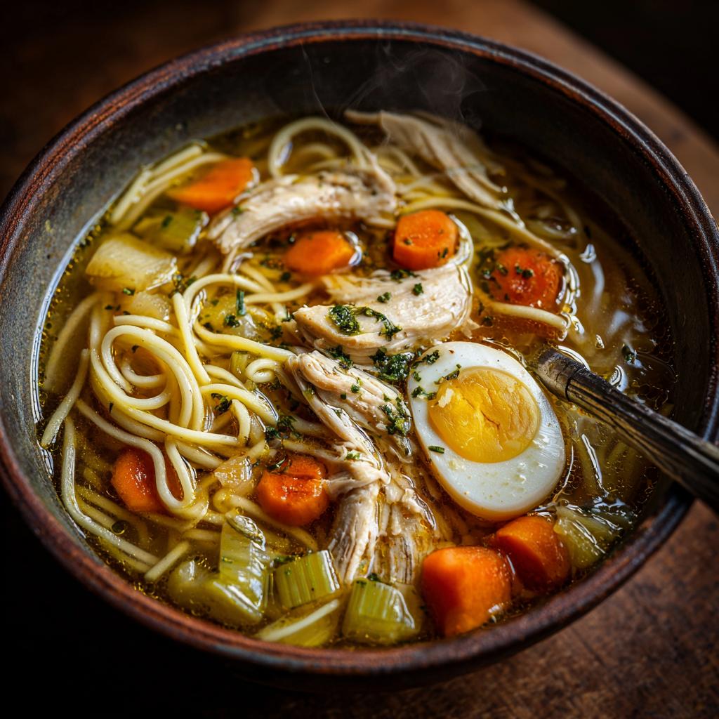A steaming bowl of homemade chicken noodle soup with shredded chicken, noodles, carrots, celery, and a halved hard-boiled egg.