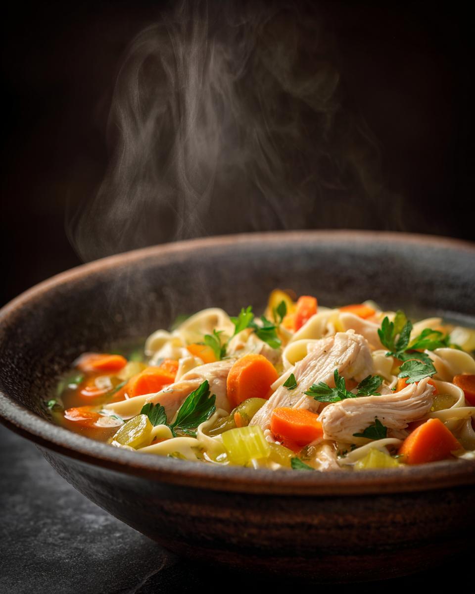 A steaming bowl of homemade chicken noodle soup with tender chicken, carrots, celery, and noodles.