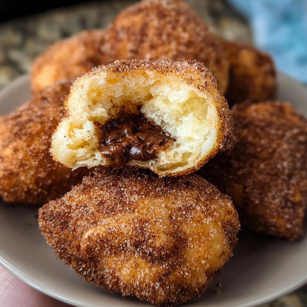 Close-up of homemade churro bites, one cut in half revealing a gooey Nutella filling, coated in cinnamon sugar.