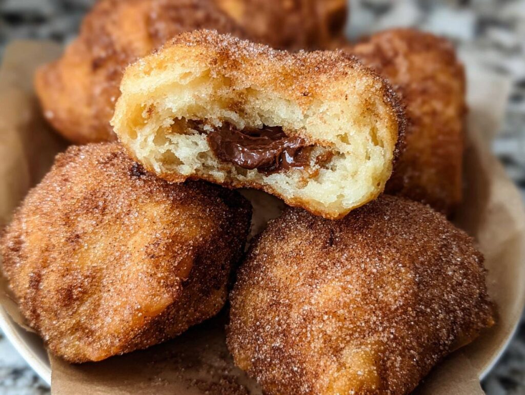 Close-up of homemade churro bites coated in cinnamon sugar, with one bite broken open to reveal a gooey Nutella filling.