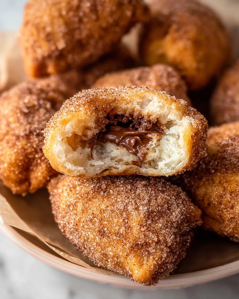 Close-up of homemade churro bites, one is broken open revealing a gooey Nutella filling.