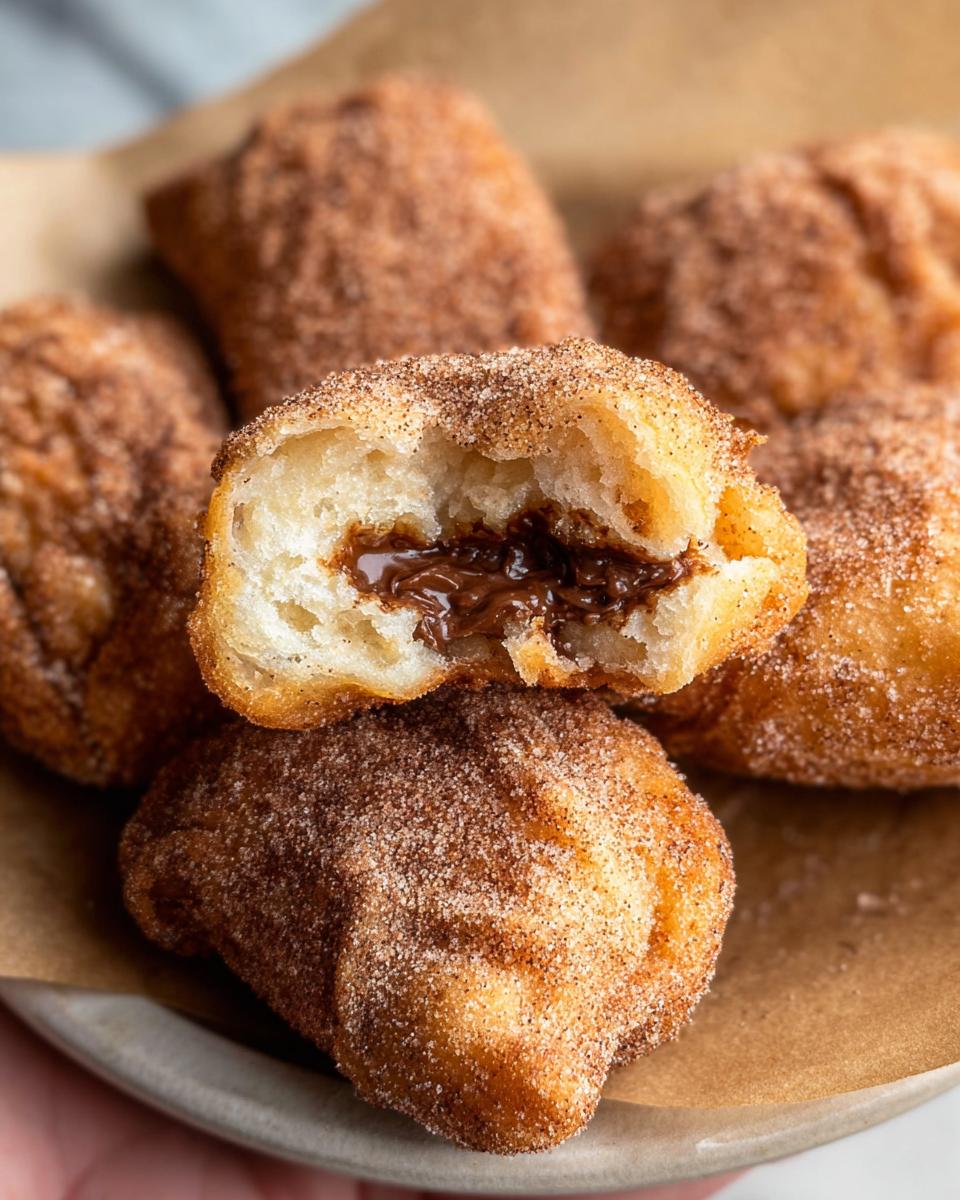 Close-up of homemade churro bites filled with Nutella, coated in cinnamon sugar.