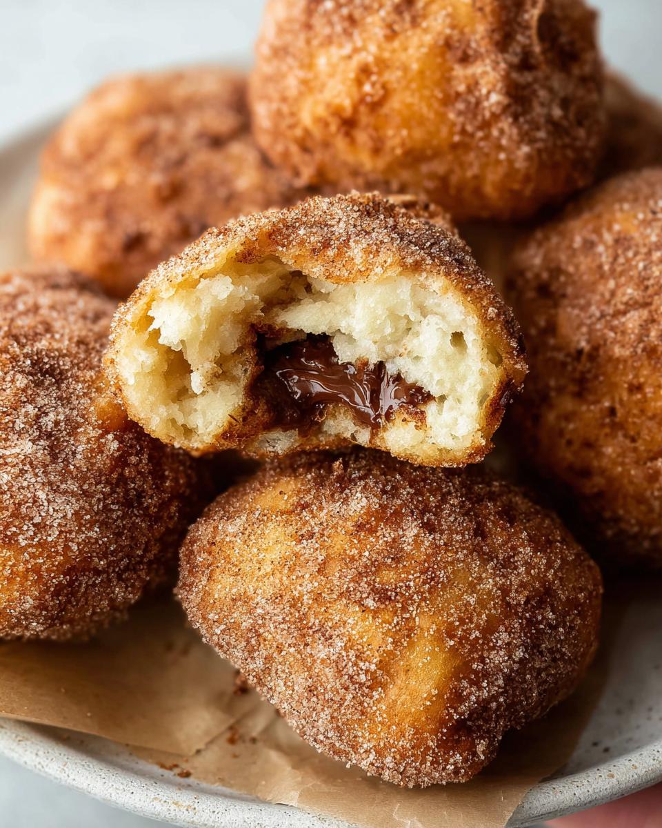 Close-up of homemade churro bites filled with melted Nutella, coated in cinnamon sugar.