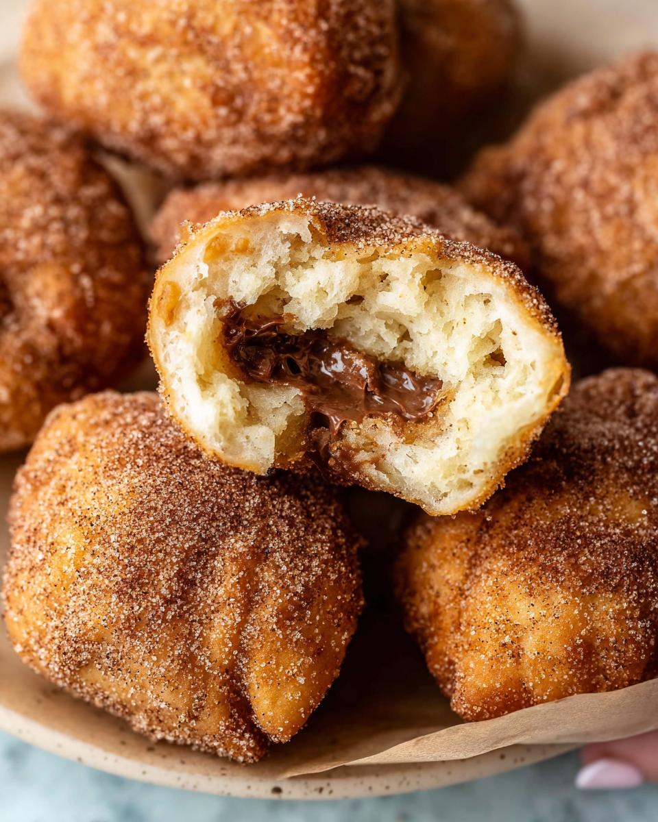 Close-up of homemade churro bites, one broken open to reveal a gooey Nutella filling.