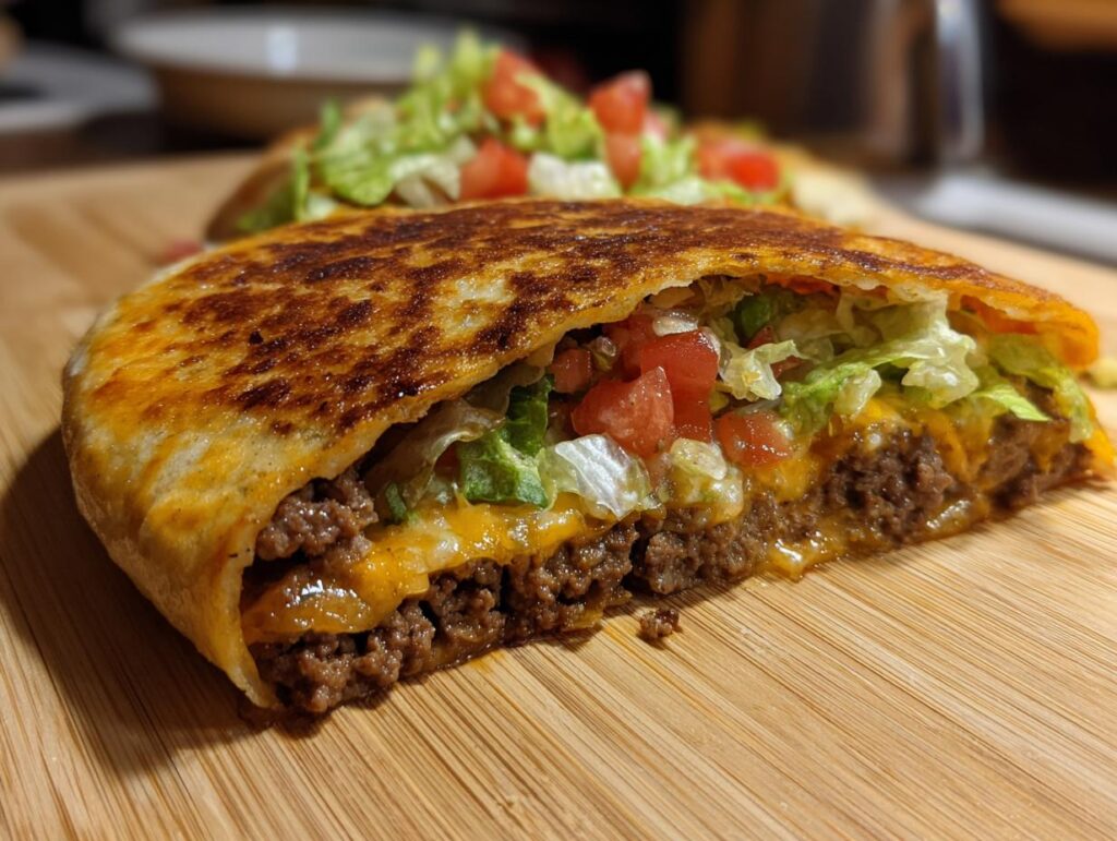 A delicious homemade crunchwrap filled with seasoned ground beef, melted cheese, lettuce, and tomatoes.