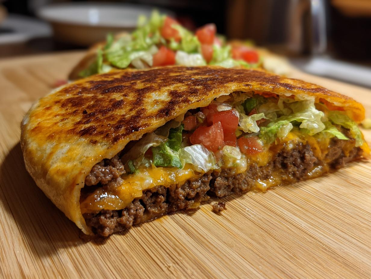 A delicious homemade crunchwrap filled with seasoned ground beef, melted cheese, lettuce, and tomatoes.
