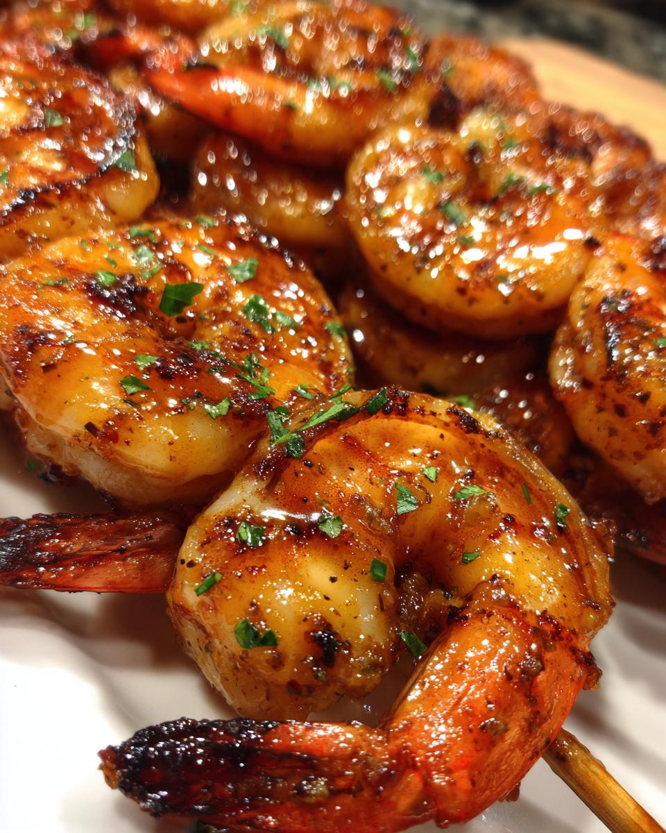 Close-up of grilled honey lime shrimp skewers, glistening with sauce and sprinkled with parsley.