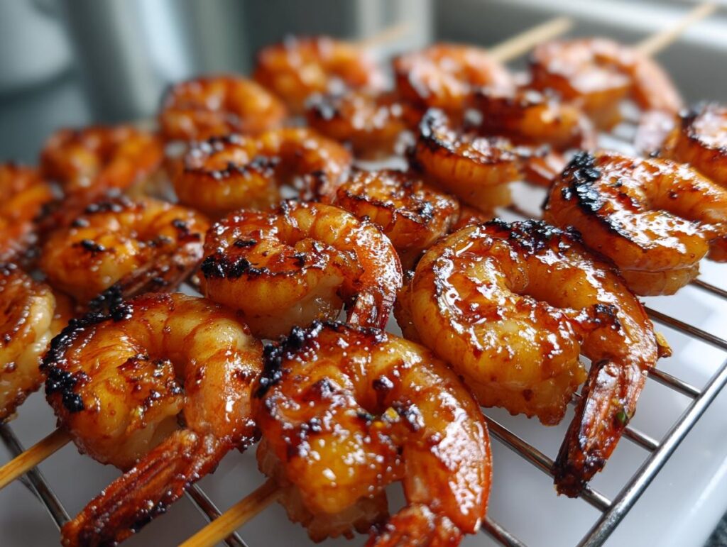 Close-up of glistening honey lime shrimp skewers fresh off the grill, perfect for fast cookouts.