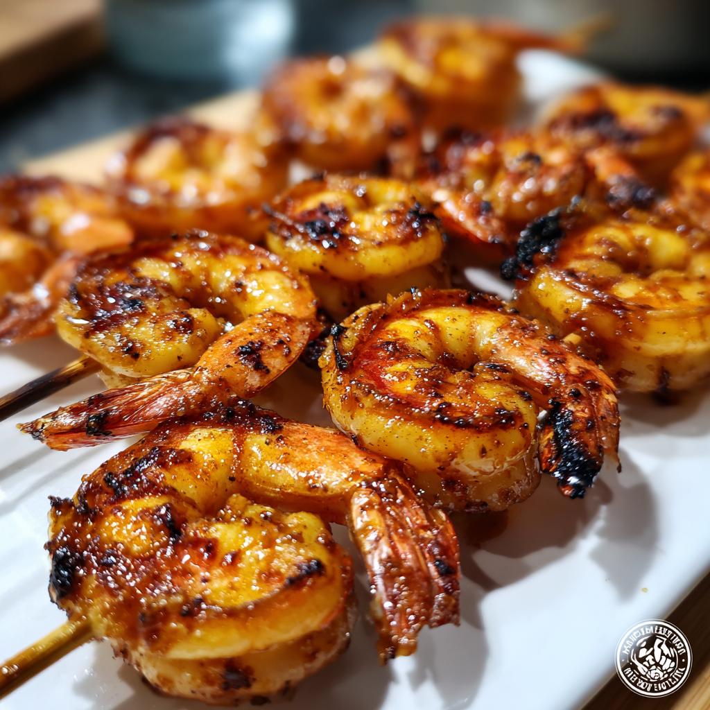 Close-up of grilled honey lime shrimp skewers, glistening with a sweet and savory glaze, perfect for fast cookouts.