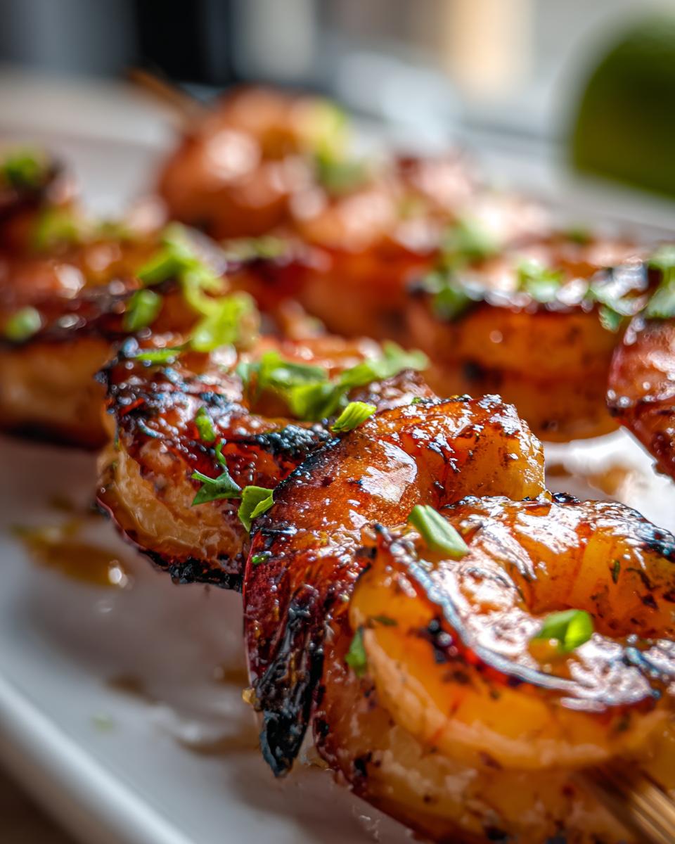 Close-up of grilled honey lime shrimp skewers, glazed and garnished with green onions, perfect for fast cookouts.