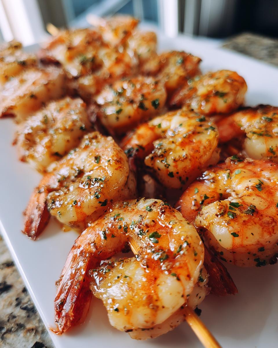 Close-up of grilled honey lime shrimp skewers, seasoned with herbs, ready for a fast cookout.