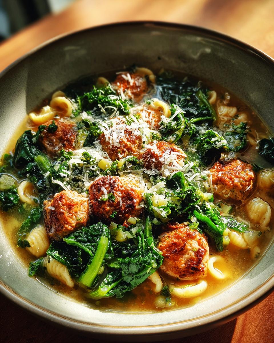 A close-up bowl of Italian Wedding Soup featuring mini meatballs, pasta shells, and wilted greens, topped with grated Parmesan.