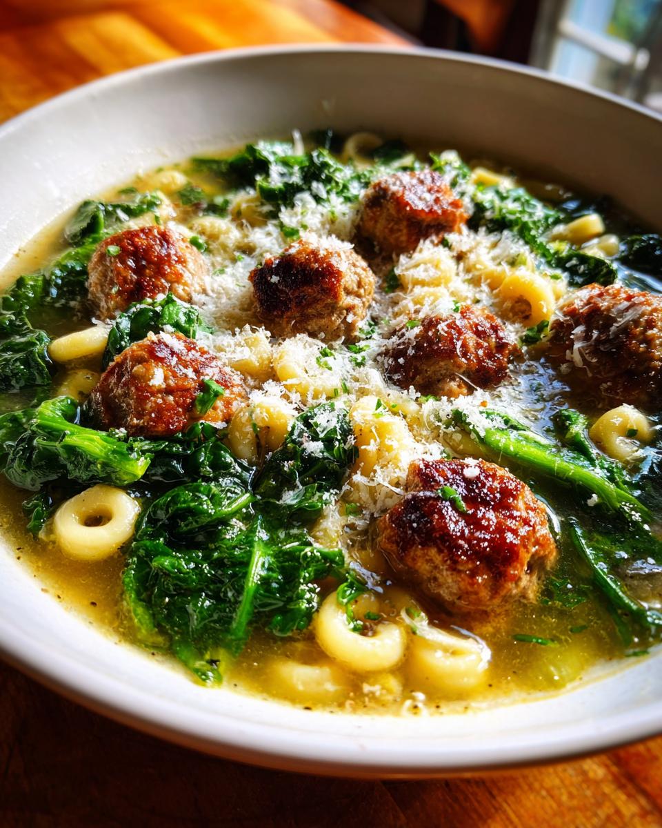 A close-up bowl of Italian Wedding Soup featuring meatballs, ditalini pasta, and leafy greens, topped with grated Parmesan cheese.