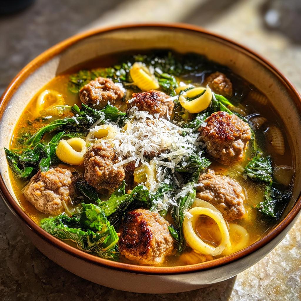 A close-up of a steaming bowl of Italian Wedding Soup, featuring meatballs, pasta, greens, and grated cheese.