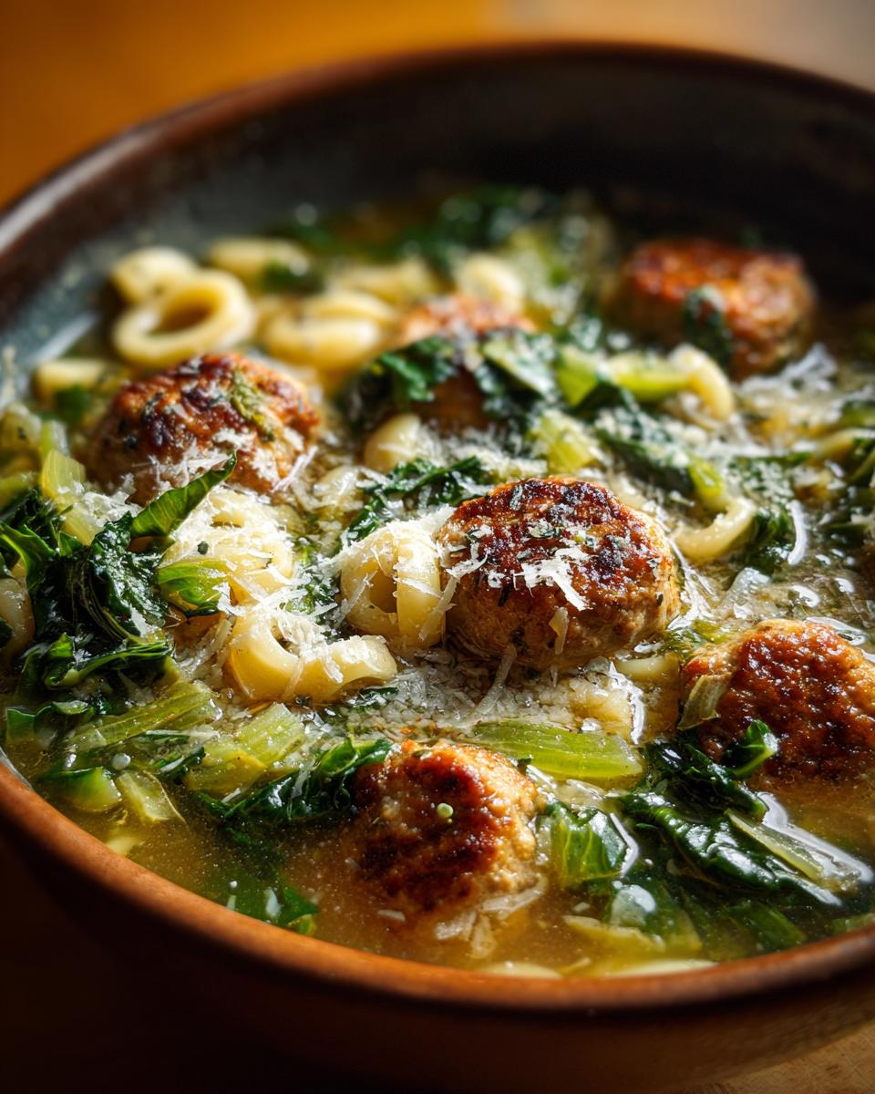 Close-up of a bowl of Italian Wedding Soup featuring mini meatballs, ditalini pasta, and greens, topped with grated Parmesan cheese.
