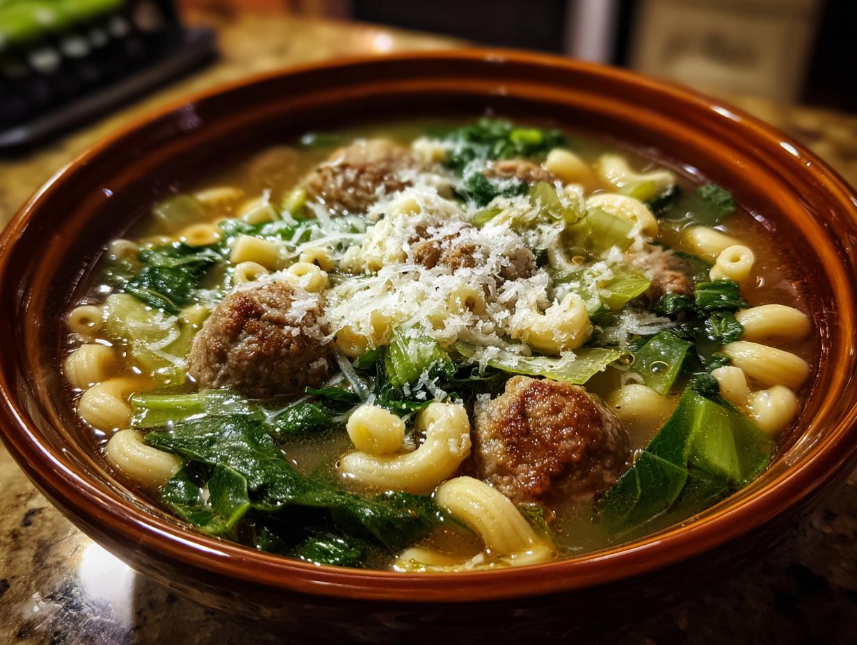 A close-up of a warm bowl of Italian Wedding Soup featuring mini meatballs, ditalini pasta, and greens, topped with grated Parmesan cheese.