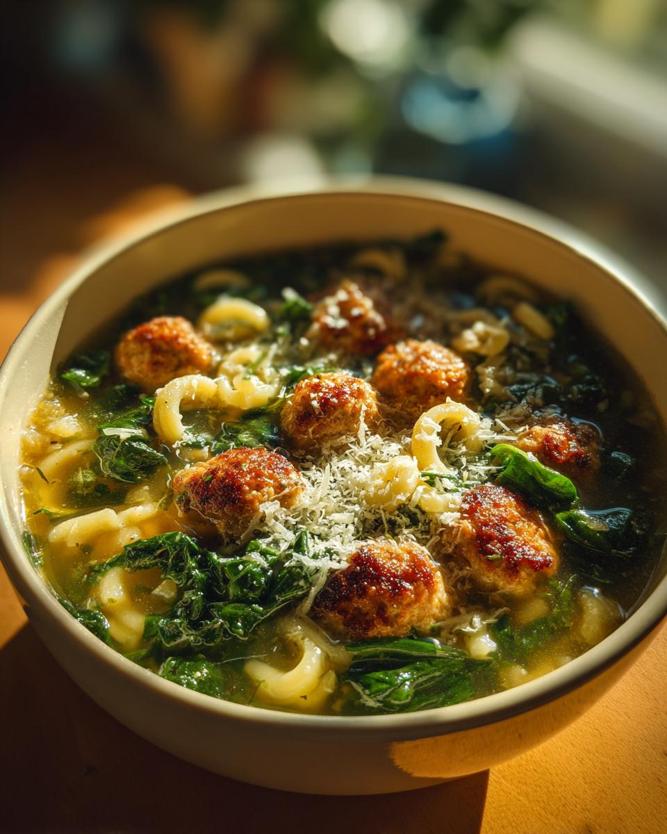 A close-up of a bowl of Italian Wedding Soup, featuring mini meatballs, pasta, and spinach, topped with grated Parmesan cheese.