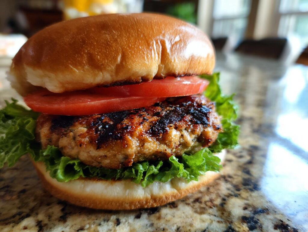 A close-up of a juicy turkey burger on a bun with lettuce and tomato, showcasing grilling recipes.