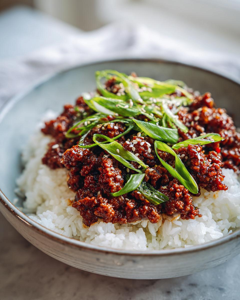 A close-up of a Korean beef rice bowl featuring seasoned ground beef over white rice, garnished with green onions and sesame seeds.
