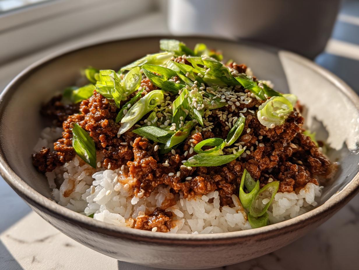 A close-up of a bowl of Korean Beef Rice Bowls, featuring seasoned ground beef over white rice, topped with green onions and sesame seeds.