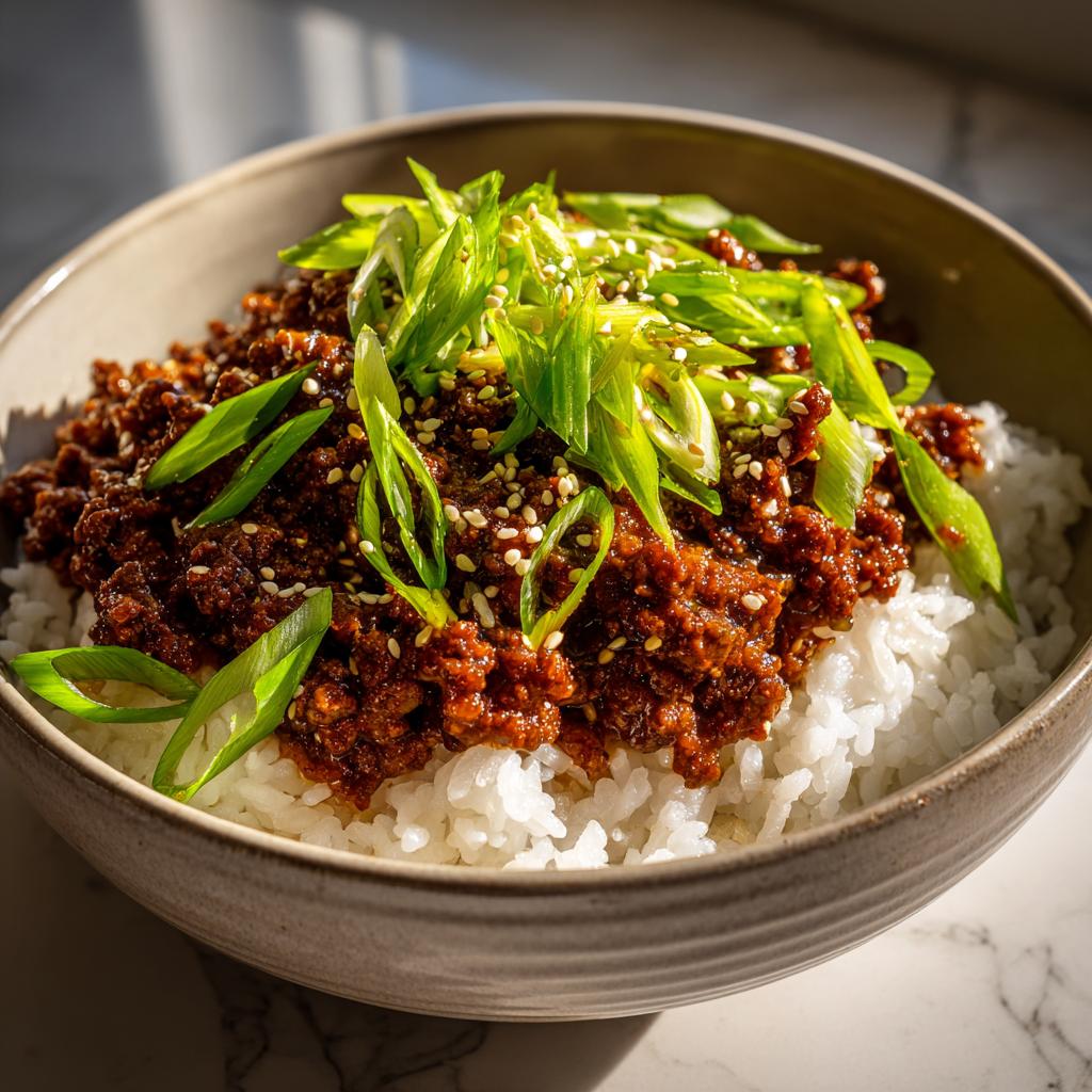 A close-up of a Korean Ground Beef Rice Bowl, topped with fresh green onions and sesame seeds.
