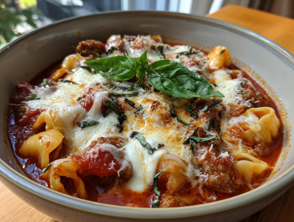 A bowl of hearty Lasagna Soup with melty cheese on top, garnished with fresh basil.