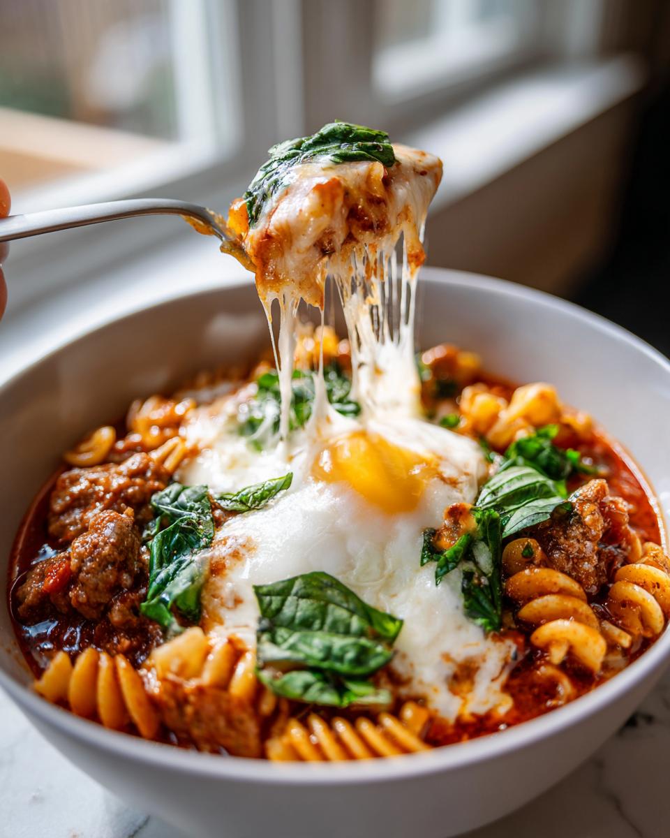 A fork lifting a cheesy portion of lasagna soup with pasta, meat sauce, spinach, and a fried egg.