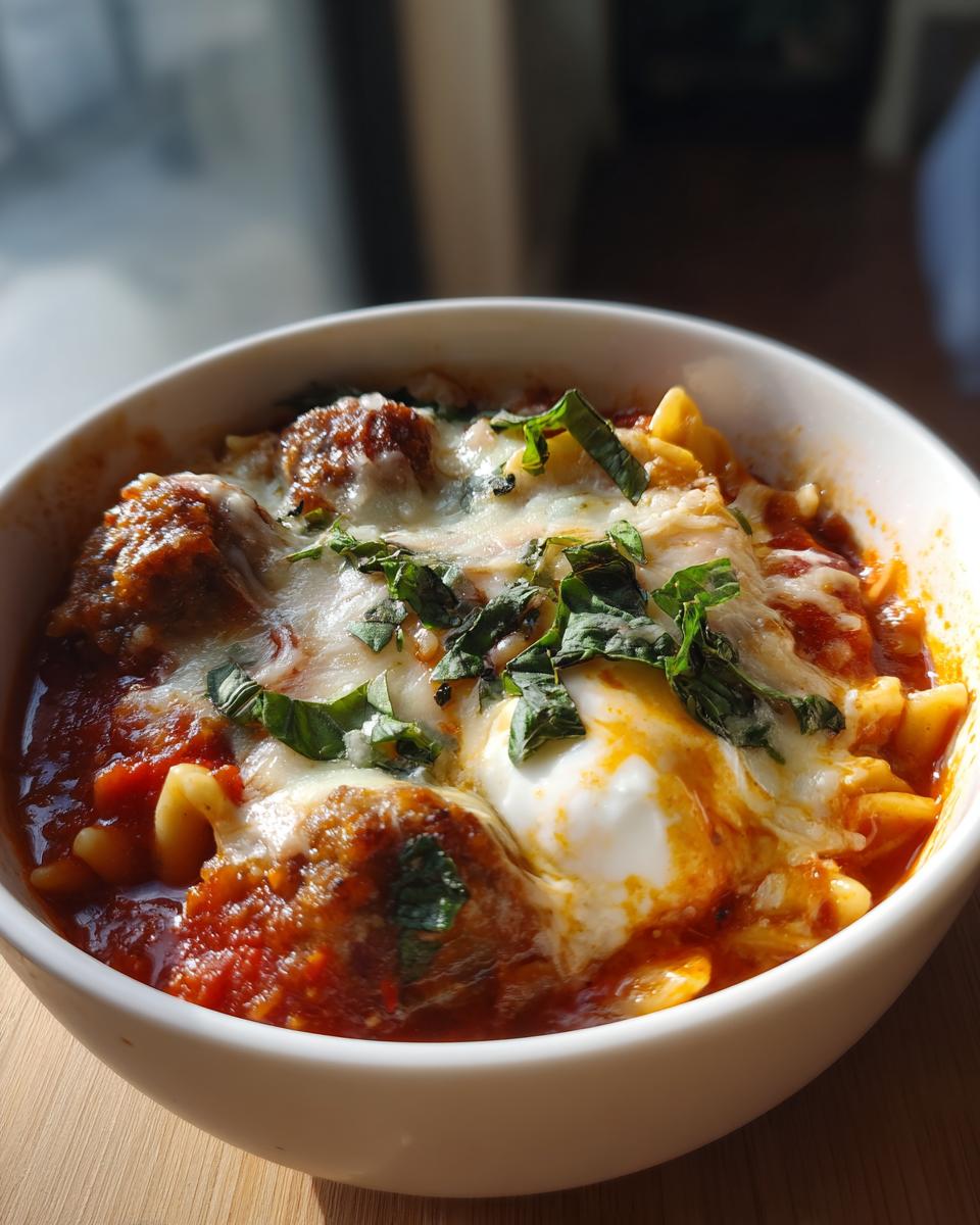 A bowl of lasagna soup with hearty meatballs, melted cheese, and fresh basil.