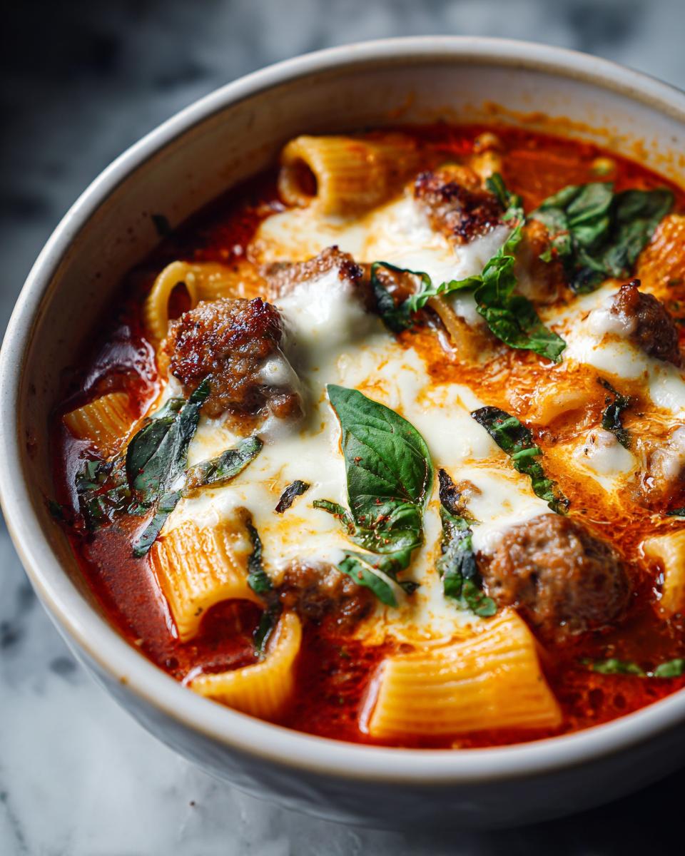 Close-up of a bowl of Lasagna Soup Recipes with melty cheese on top, featuring rigatoni pasta, meatballs, and fresh basil.
