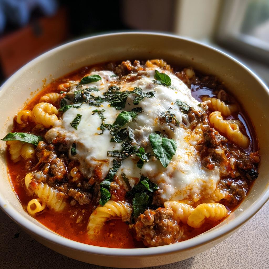 A bowl of hearty Lasagna Soup with melty cheese on top, featuring pasta, meat sauce, and fresh basil.